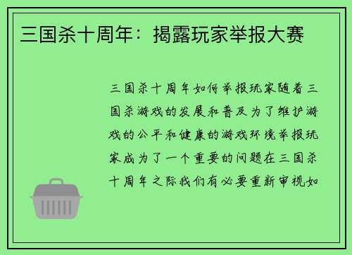 三国杀十周年：揭露玩家举报大赛